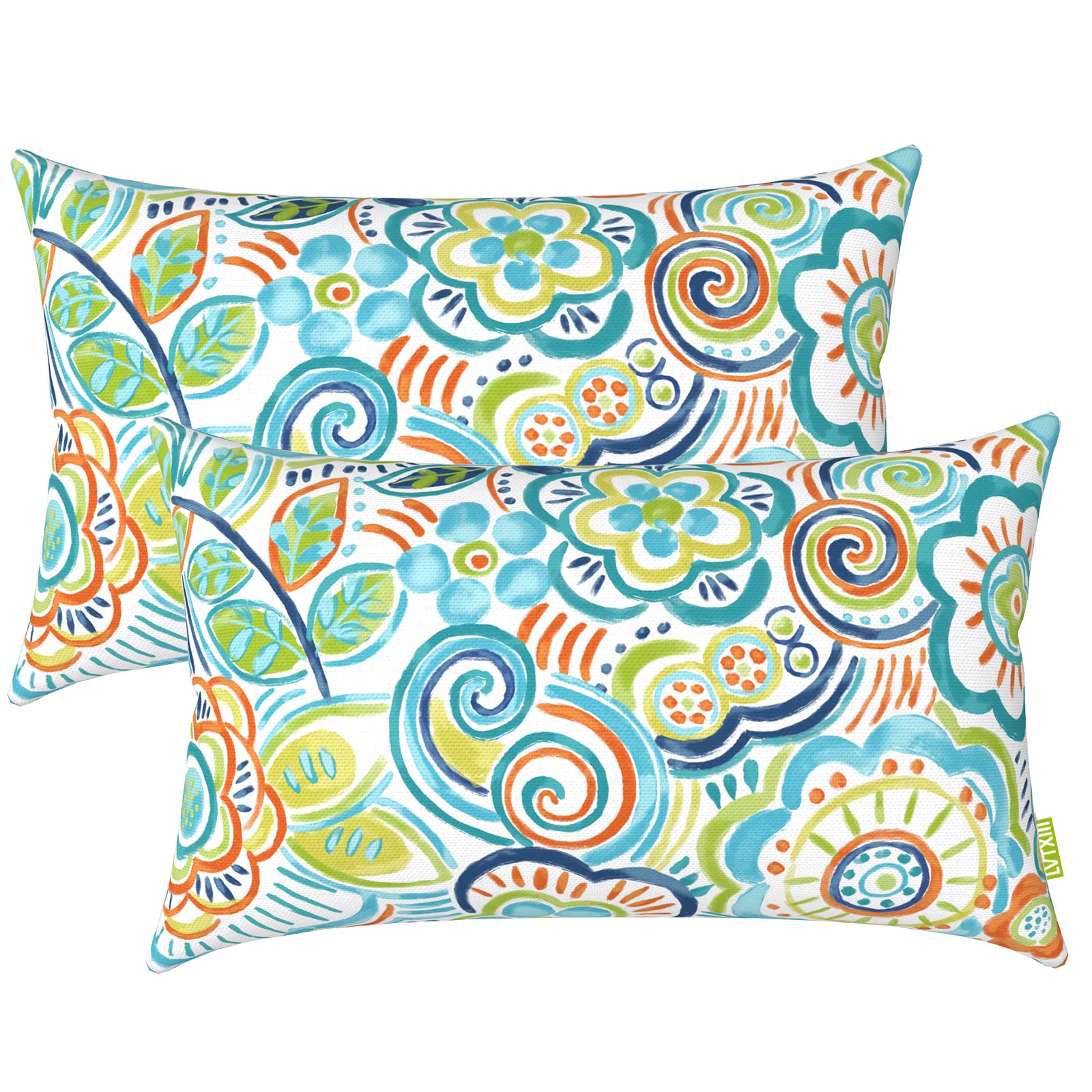LVTXIII front view of two flower blue lumbar pillows showing design and packaging benefit