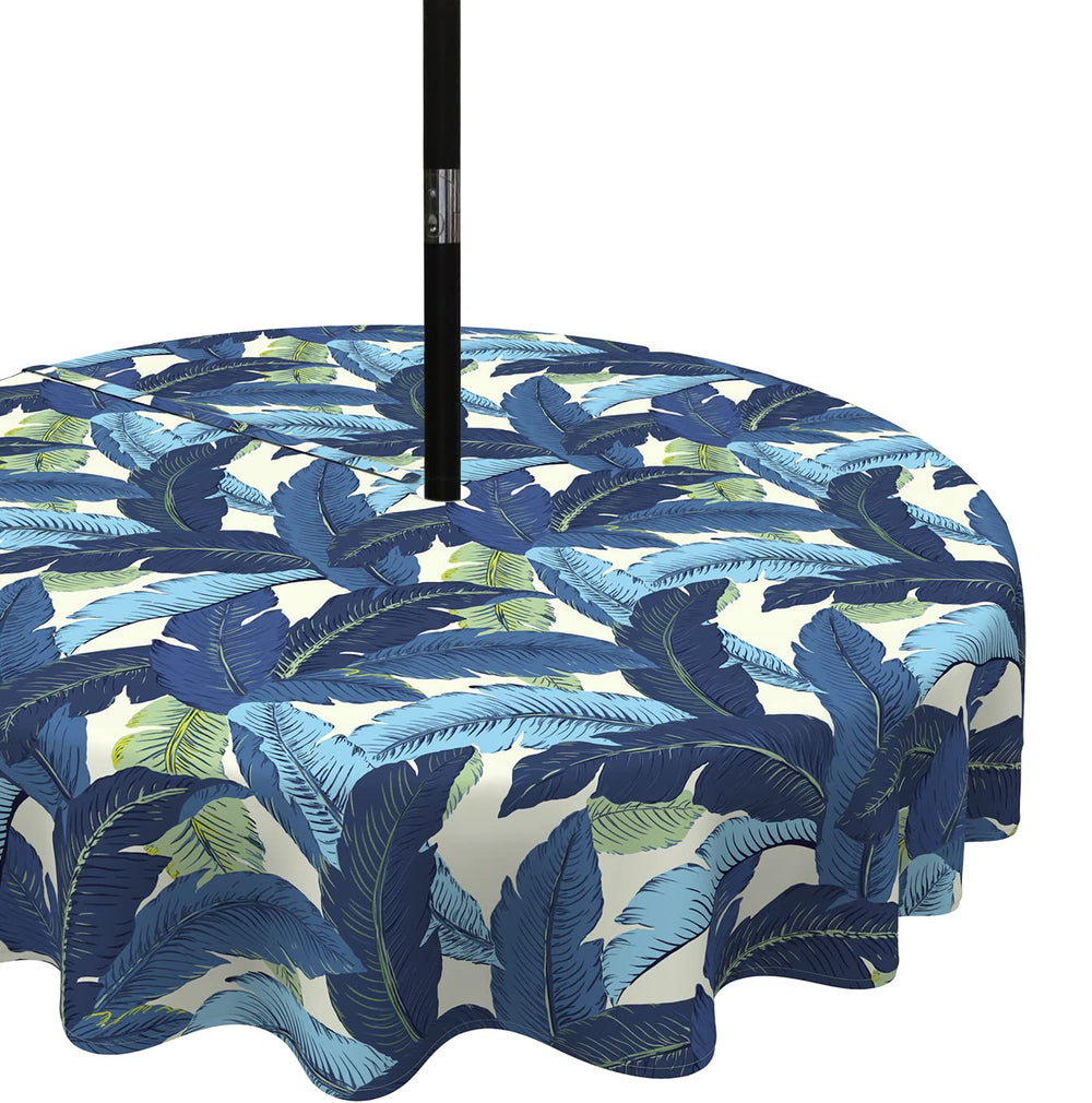 LVTXIII front view of Swaying Palms Blue tablecloth showing pattern and coverage benefit