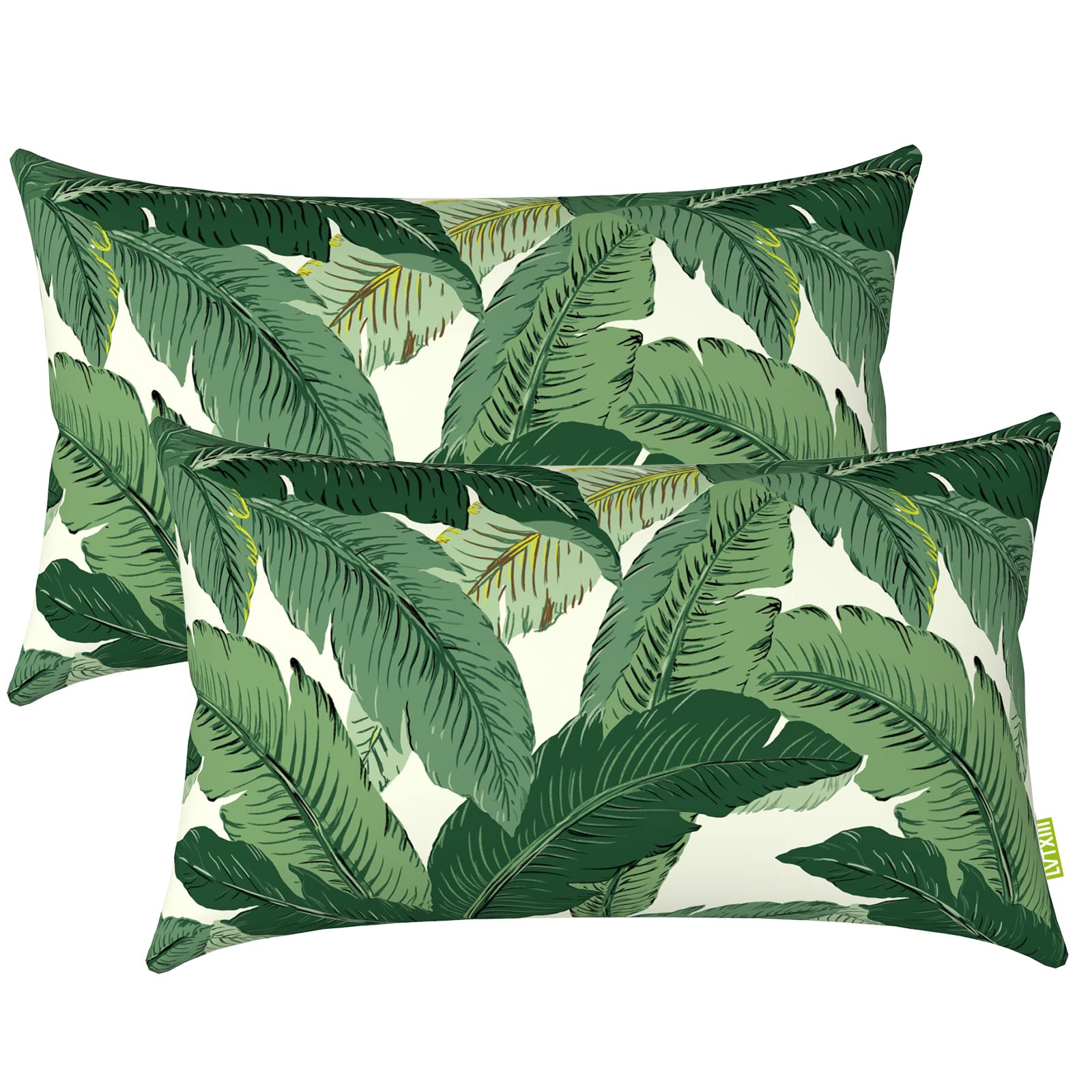 LVTXIII front view of two Swaying Palms lumbar pillows showing color and pattern benefit
