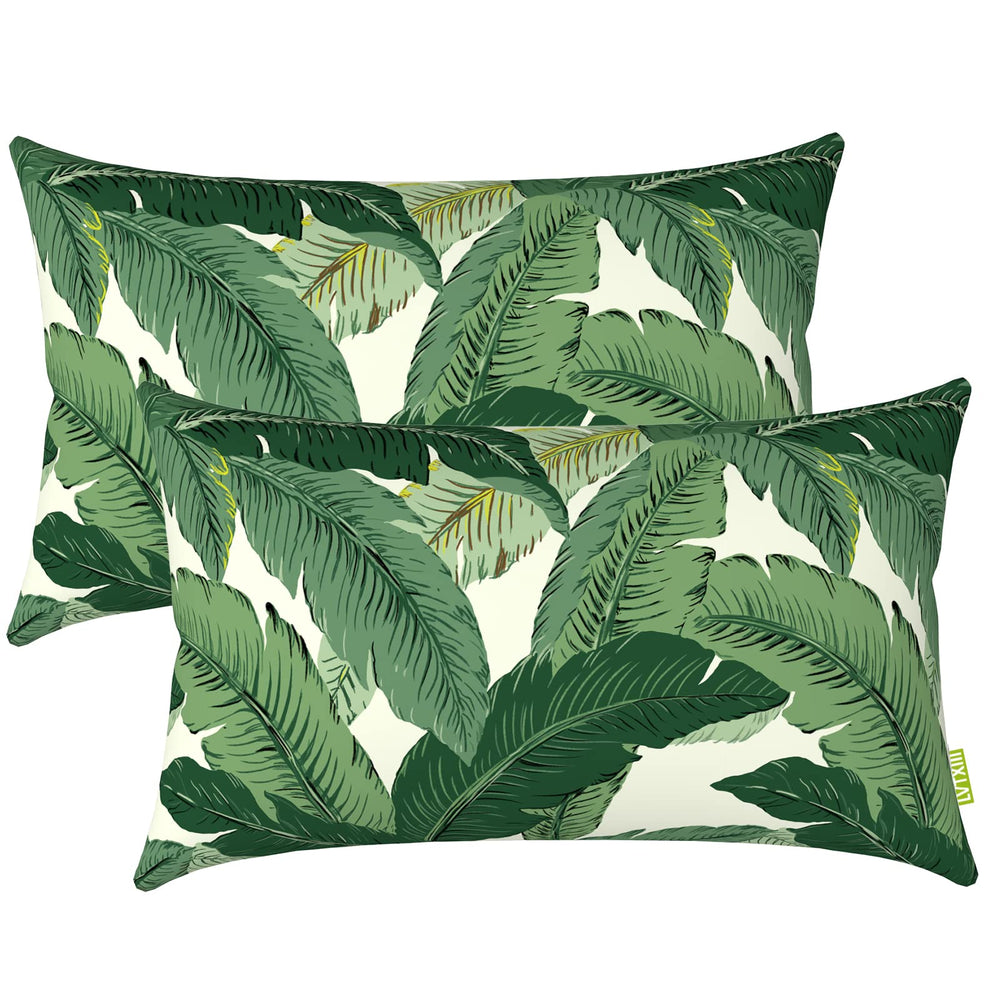 LVTXIII front view of two Swaying Palms lumbar pillows showing color and pattern benefit
