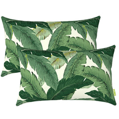 LVTXIII front view of two Swaying Palms lumbar pillows showing color and pattern benefit