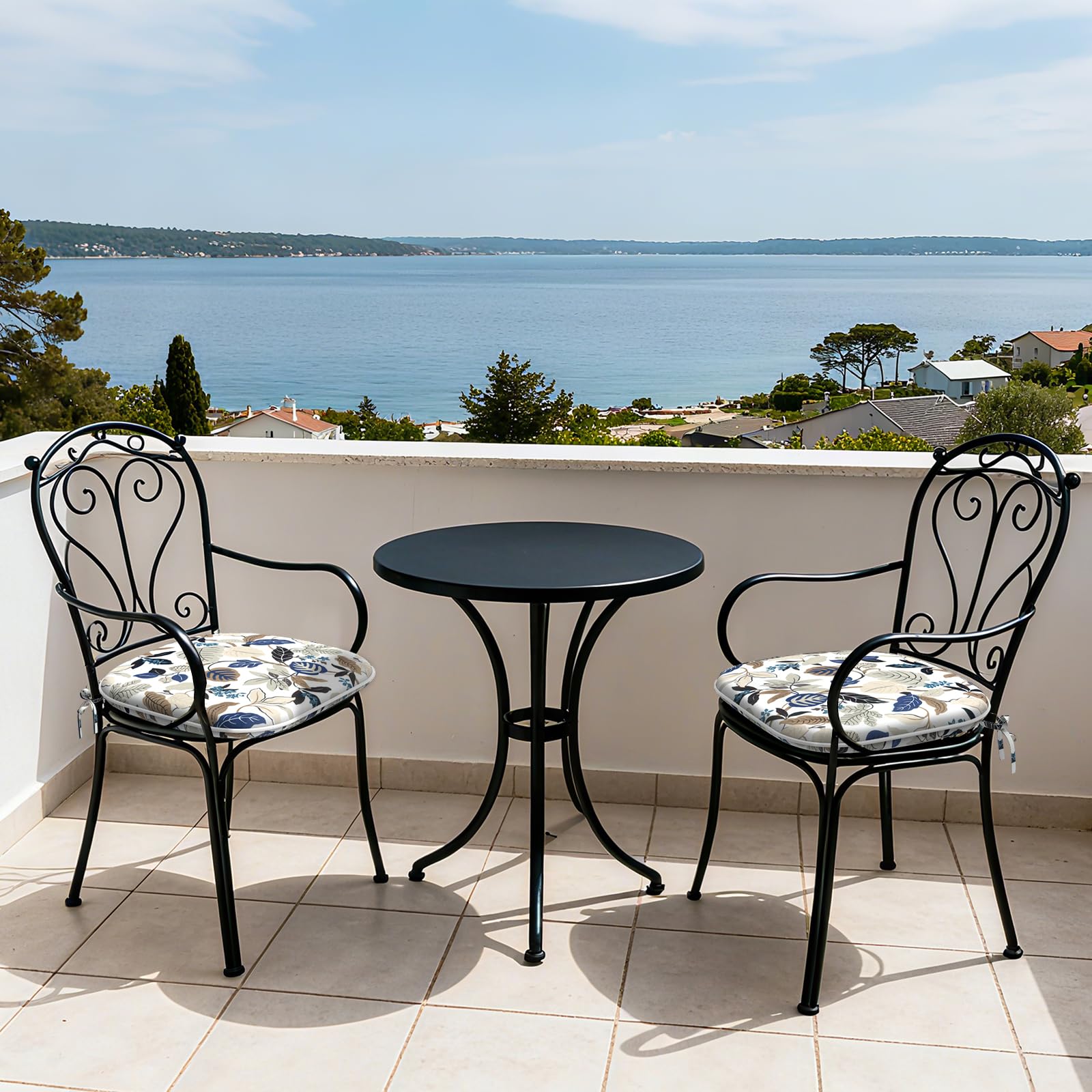 LVTXIII cushions in use on patio dining chairs demonstrating coordinated set comfort