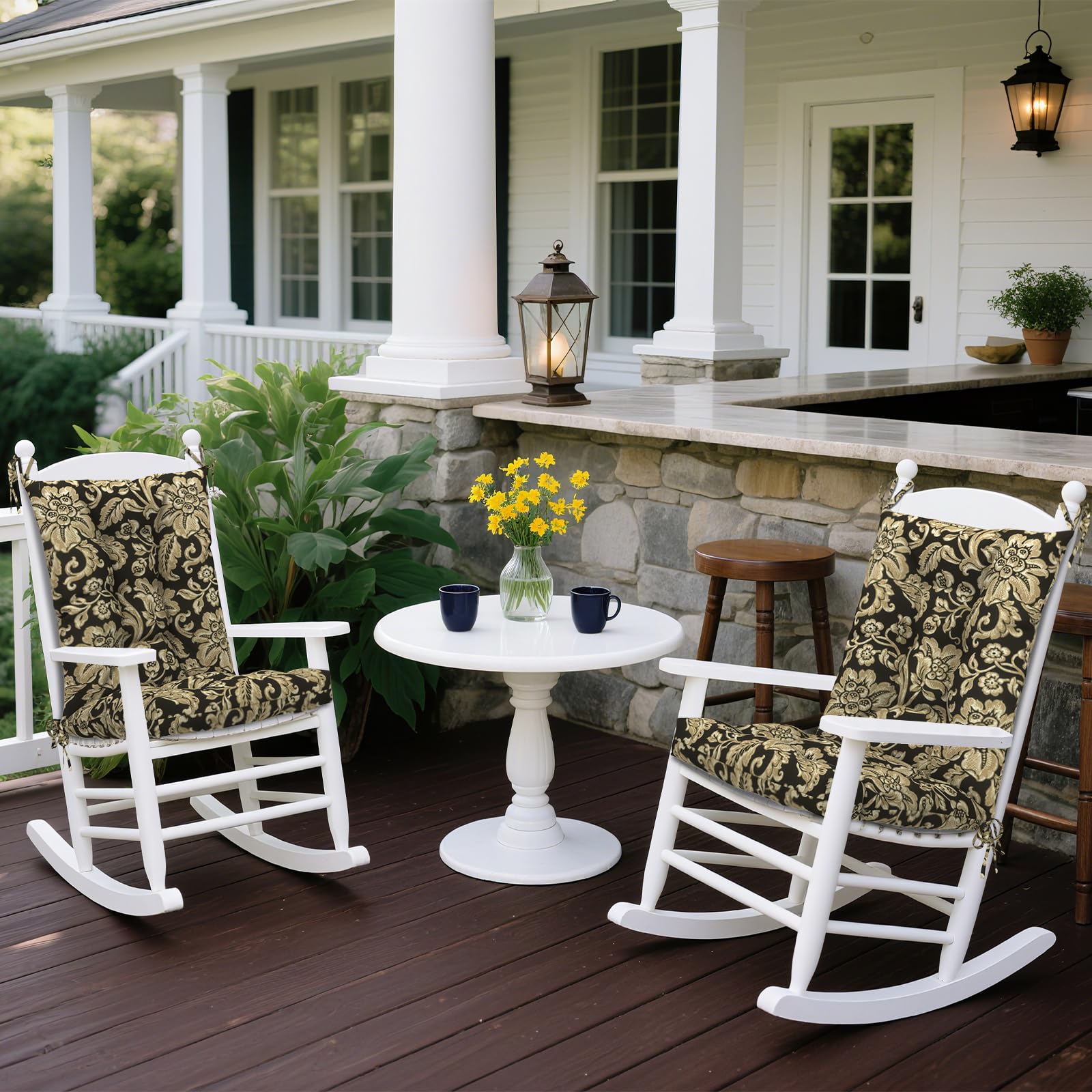 LVTXIII cushions installed on porch rocker illustrating comfortable outdoor seating