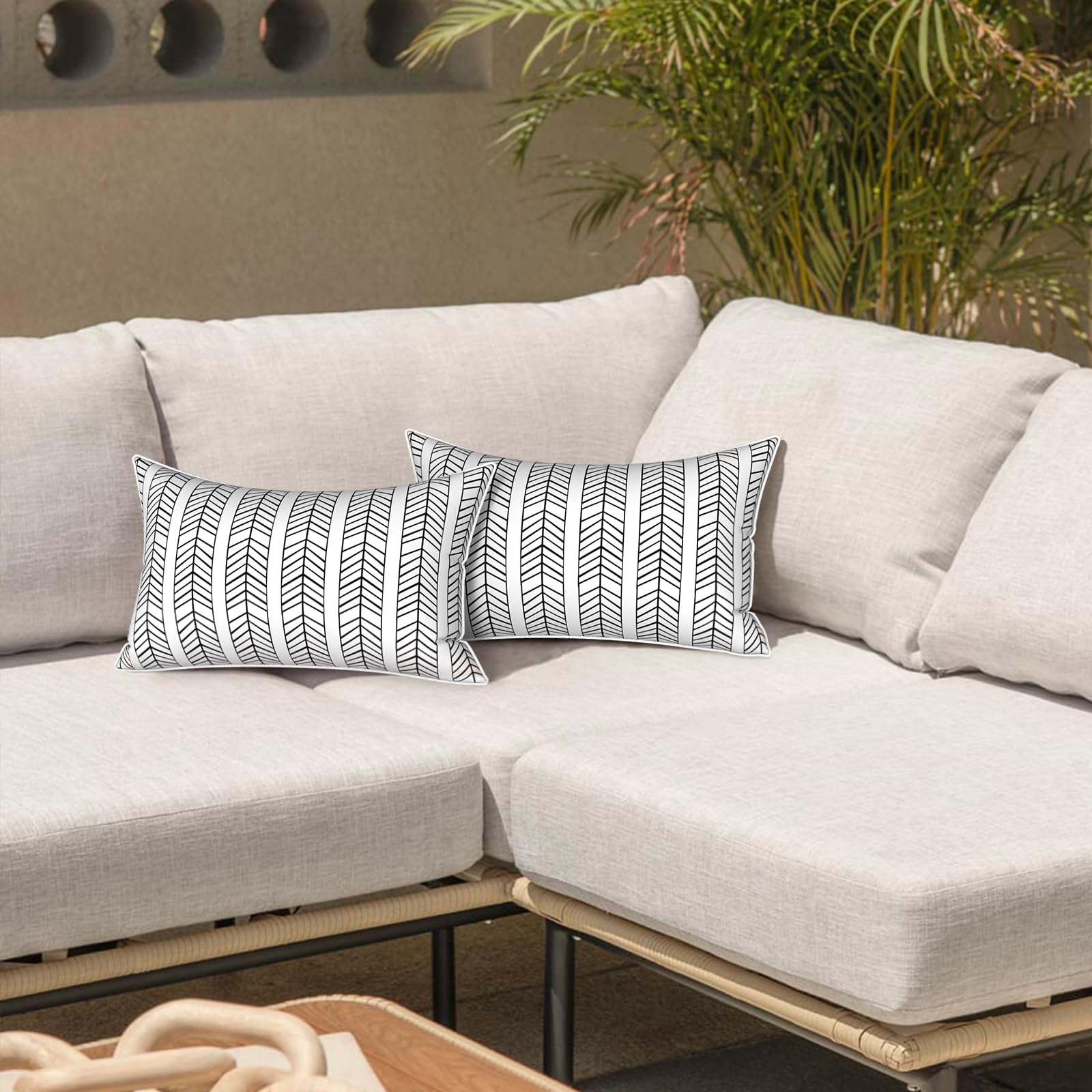 LVTXIII pillows in evening deck scene enhancing outdoor seating ambiance