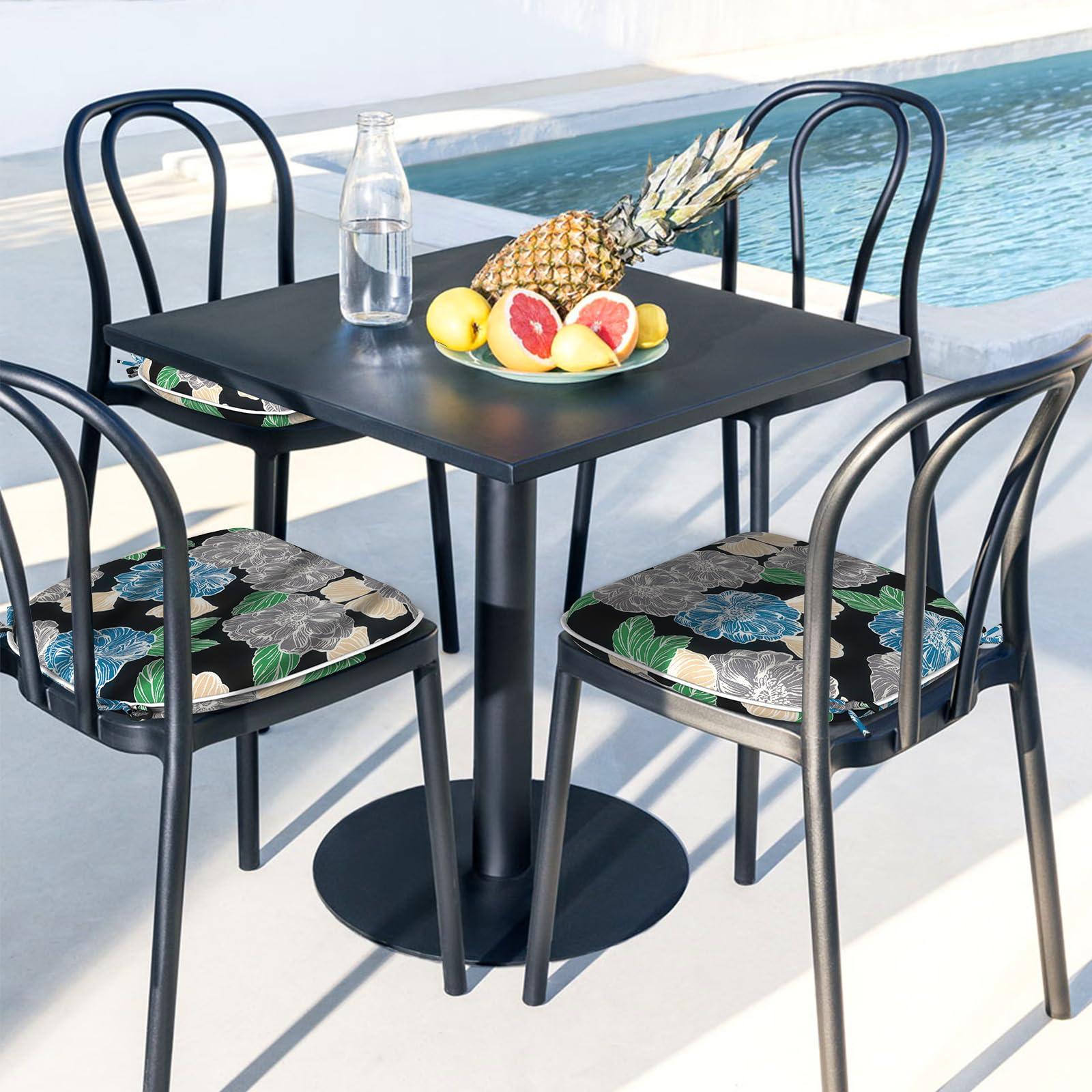 LVTXIII styled outdoor patio dining scene with cushions enhancing comfort and décor