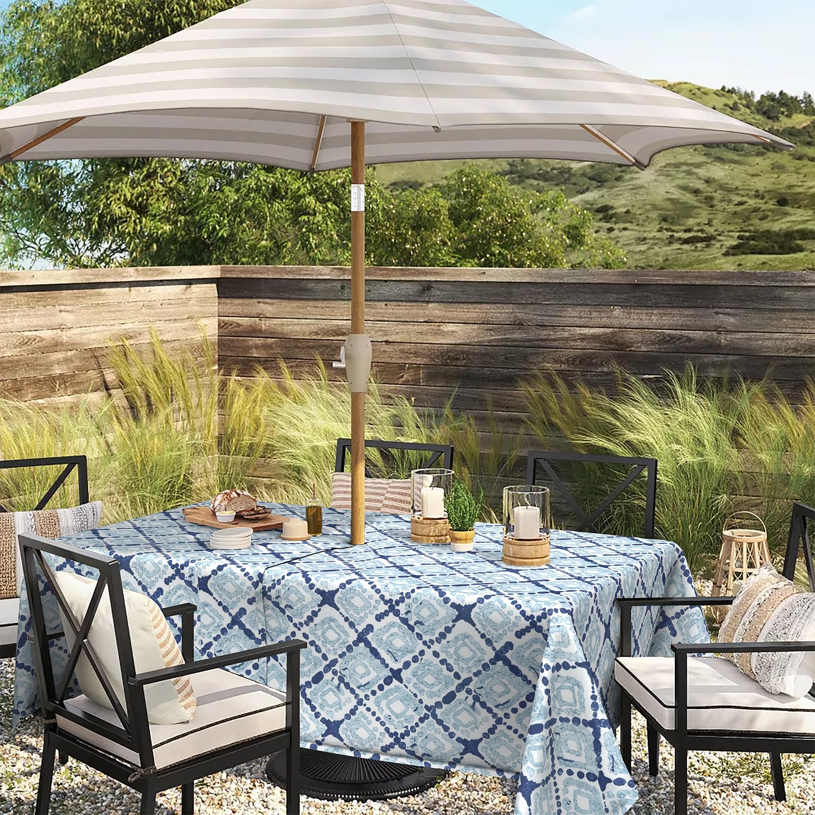 LVTXIII styled on patio with chairs showing decorative upgrade and outdoor durability benefit