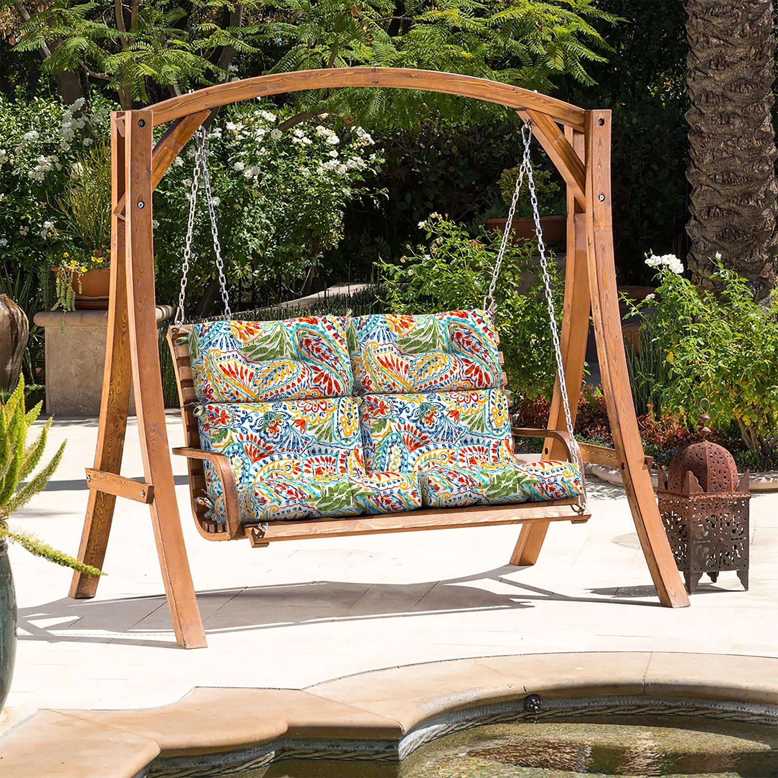 LVTXIII lifestyle porch glider scene showing pattern elevates outdoor decor