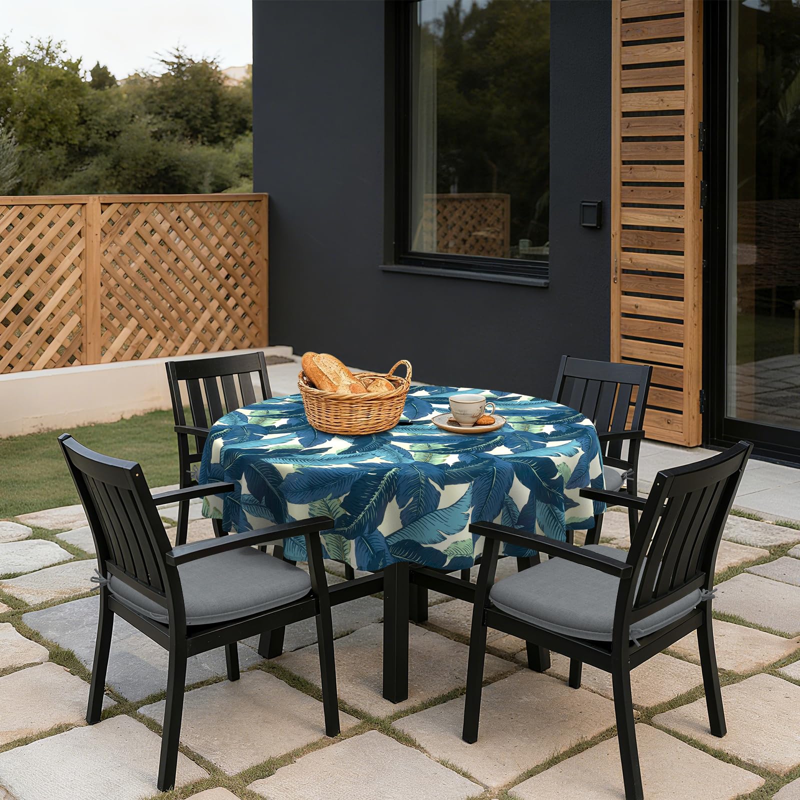 LVTXIII tablecloth on patio in use demonstrating outdoor dining comfort benefit