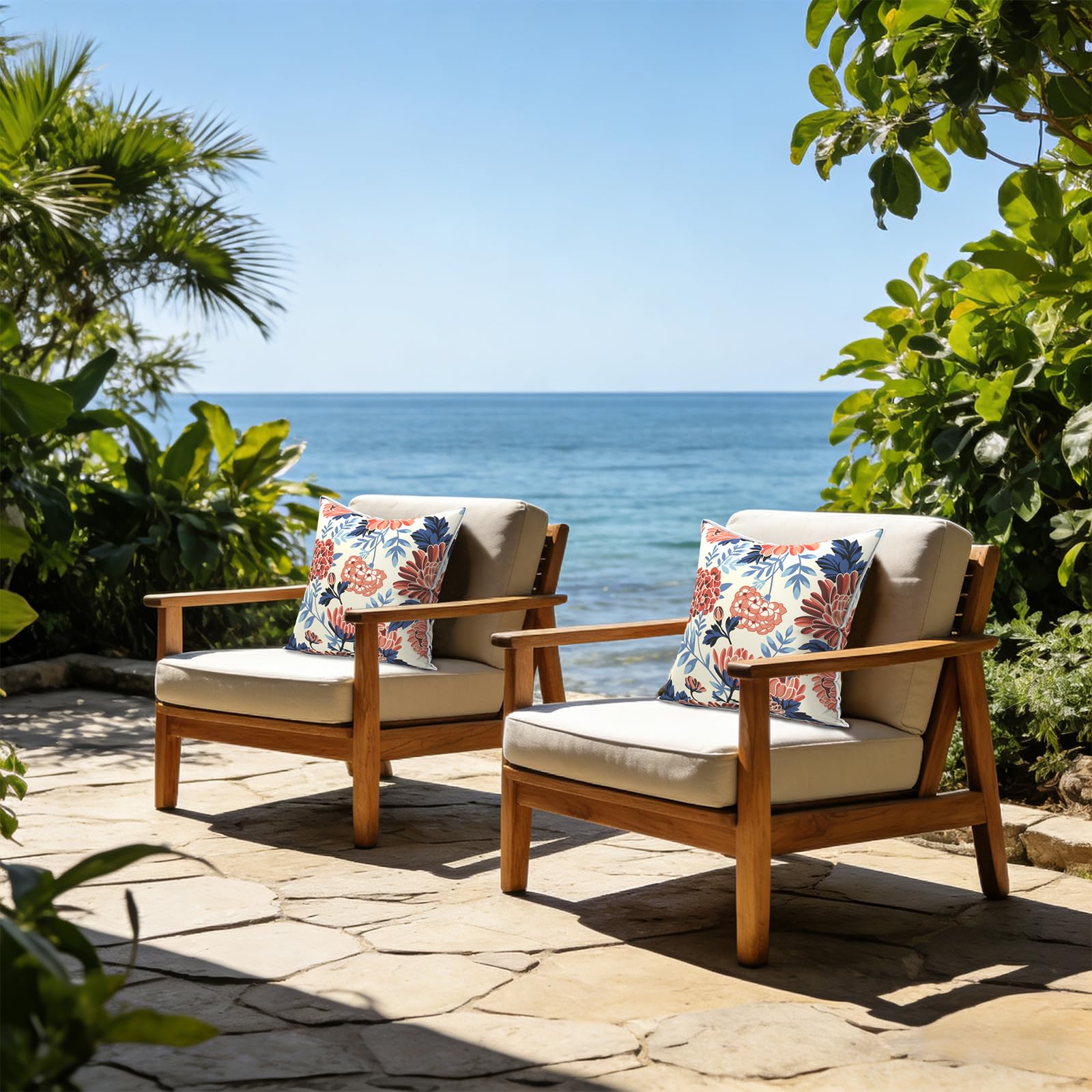 LVTXIII styled on a patio sofa illustrating coordinated outdoor comfort and color pop