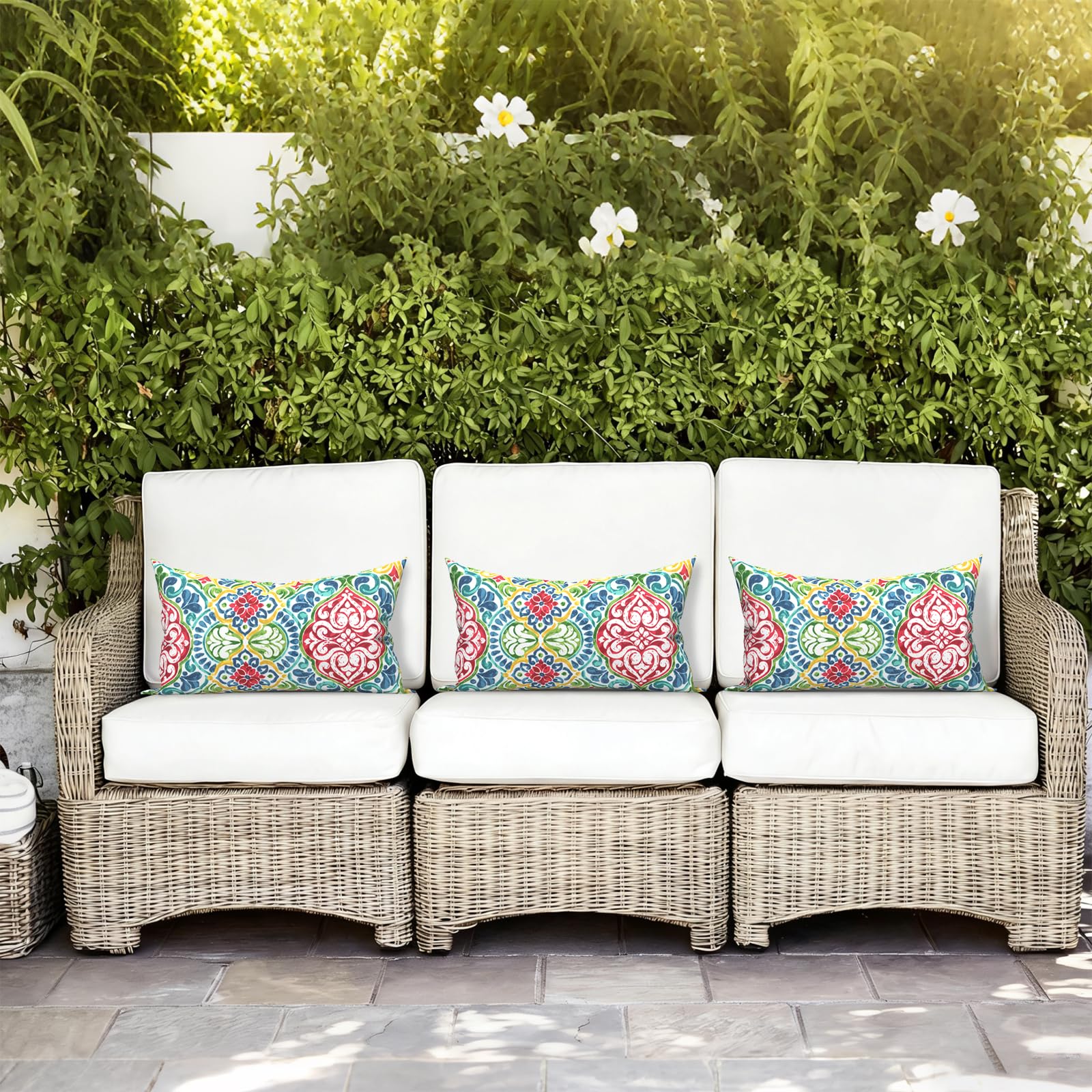 LVTXIII styled on a patio sofa adding decorative color and outdoor durability benefit