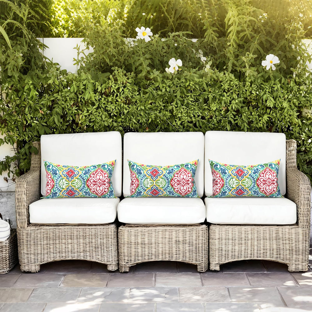 LVTXIII styled on a patio sofa adding decorative color and outdoor durability benefit