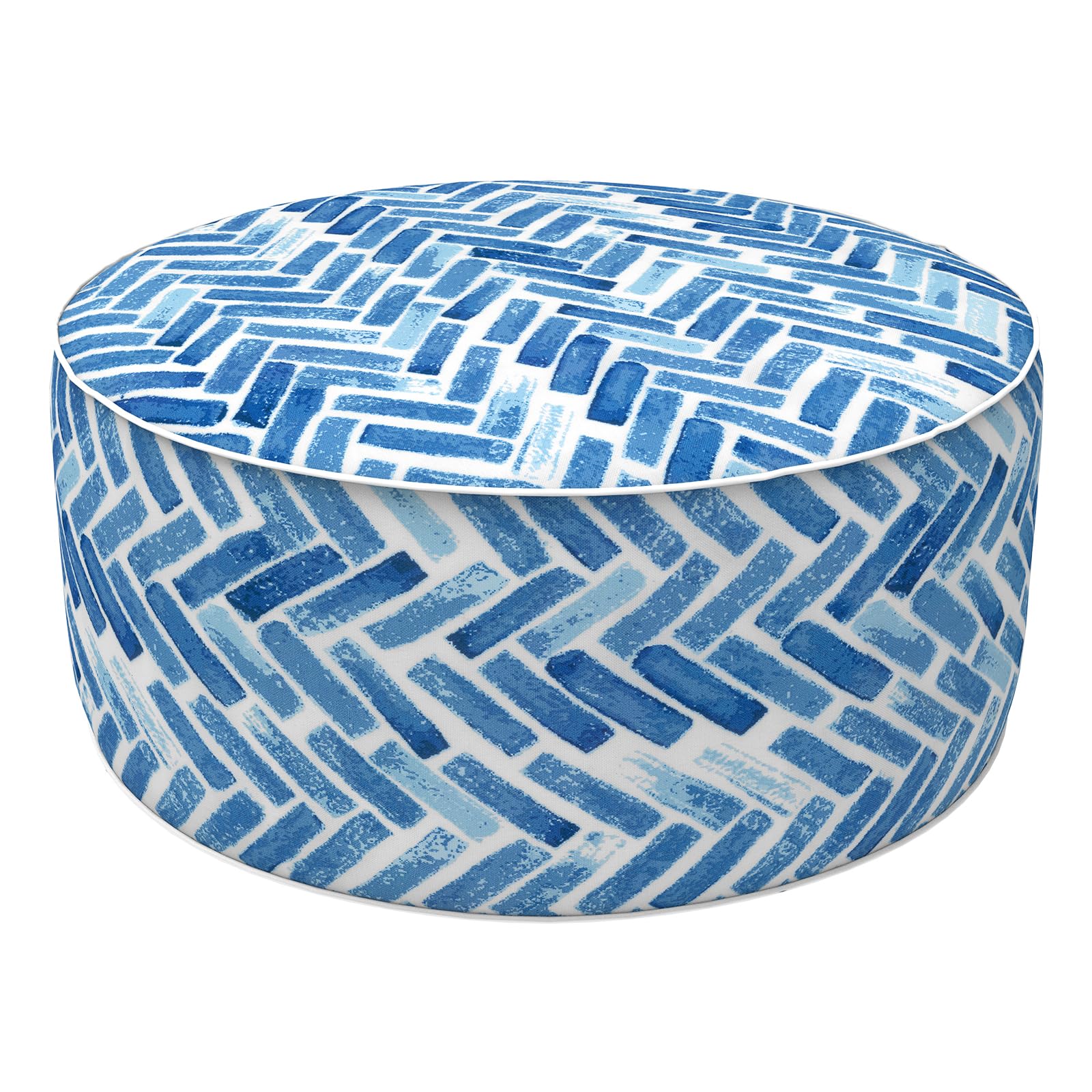 LVTXIII front view of blue bricks ottoman showing shape and comfort