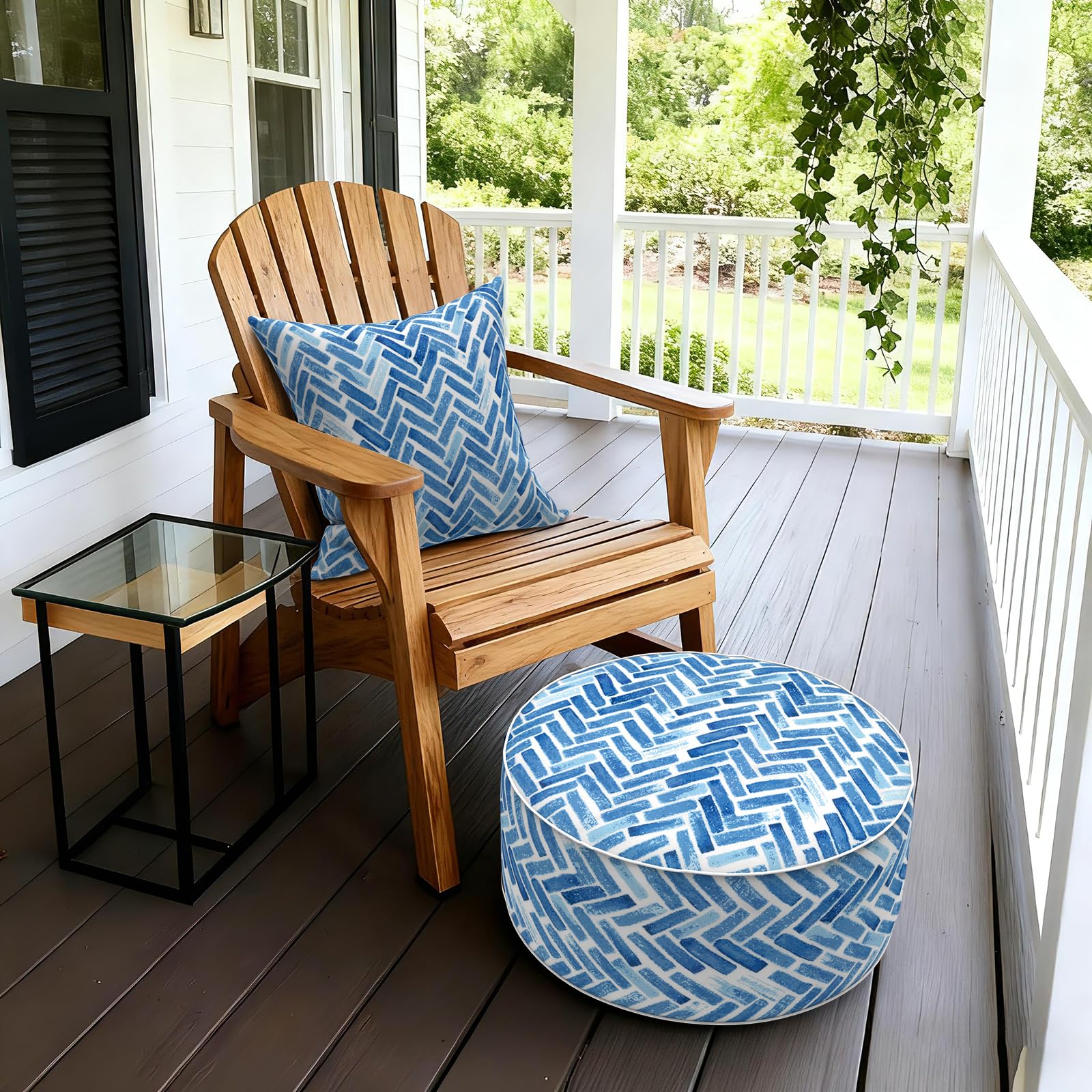 LVTXIII inflated ottoman on patio offering comfortable outdoor seating