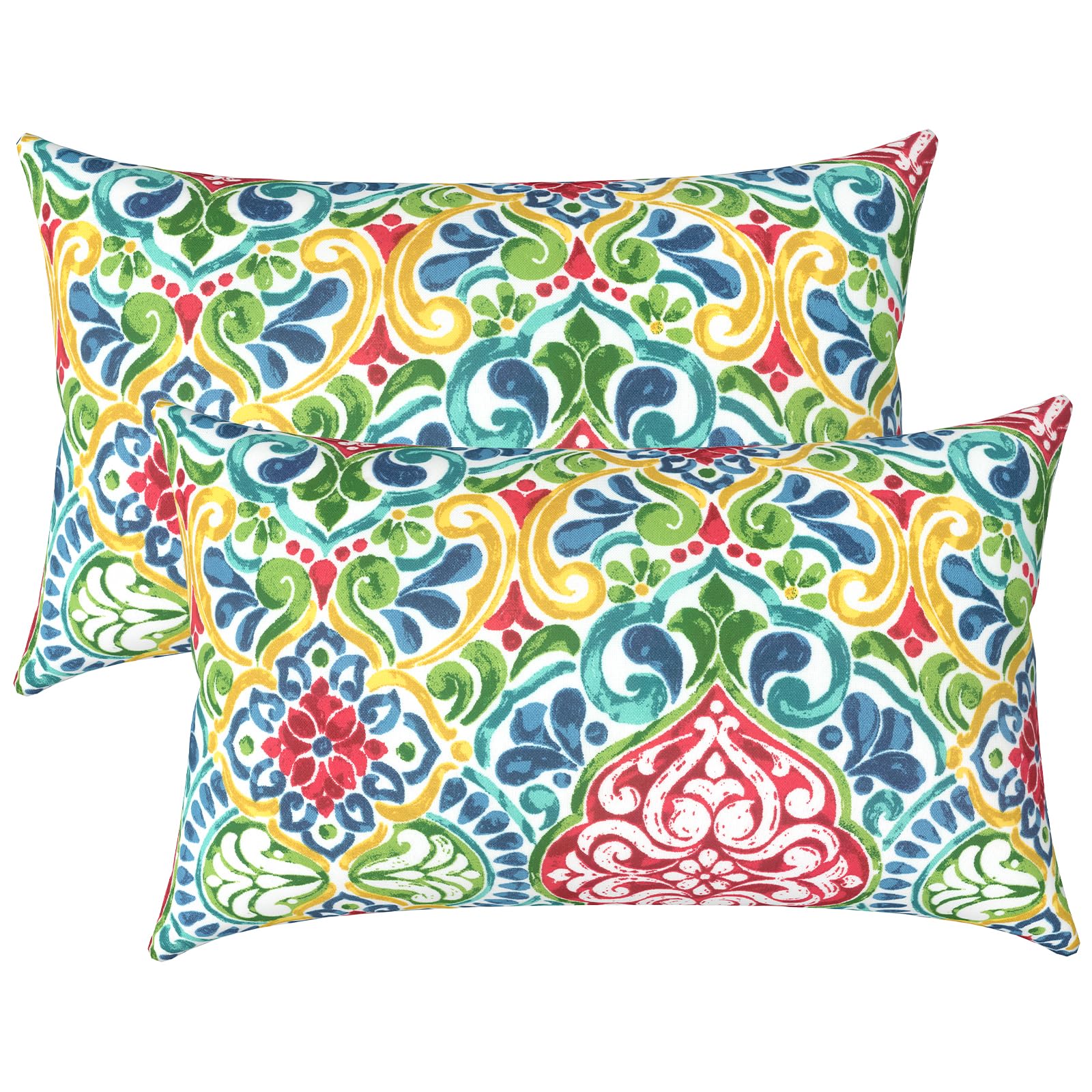 LVTXIII front view of two damask red lumbar pillows showing color and pattern benefit