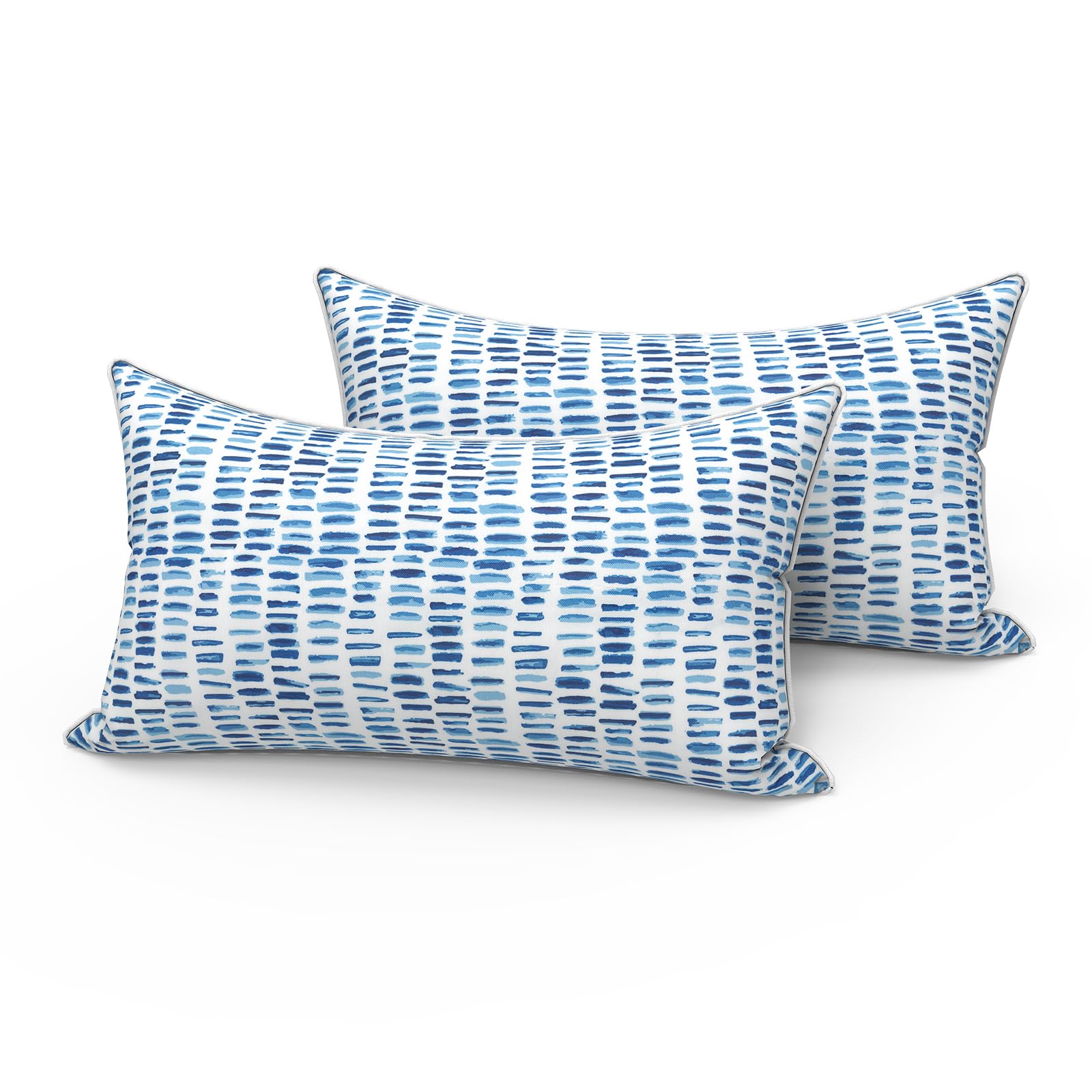LVTXIII front view of two pebble blue lumbar pillows shows neat styling and support