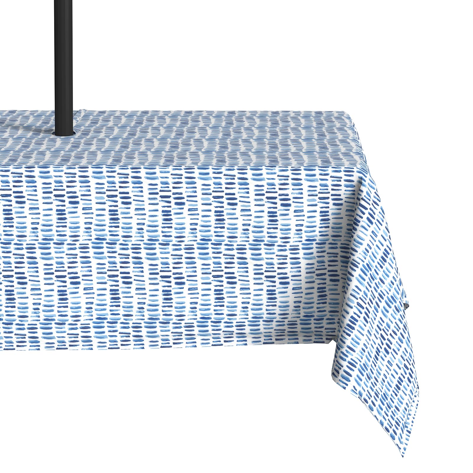 LVTXIII front view pebble blue tablecloth shows neat drape and modern pattern benefit: stylish protection