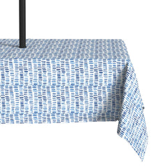 LVTXIII front view pebble blue tablecloth shows neat drape and modern pattern benefit: stylish protection