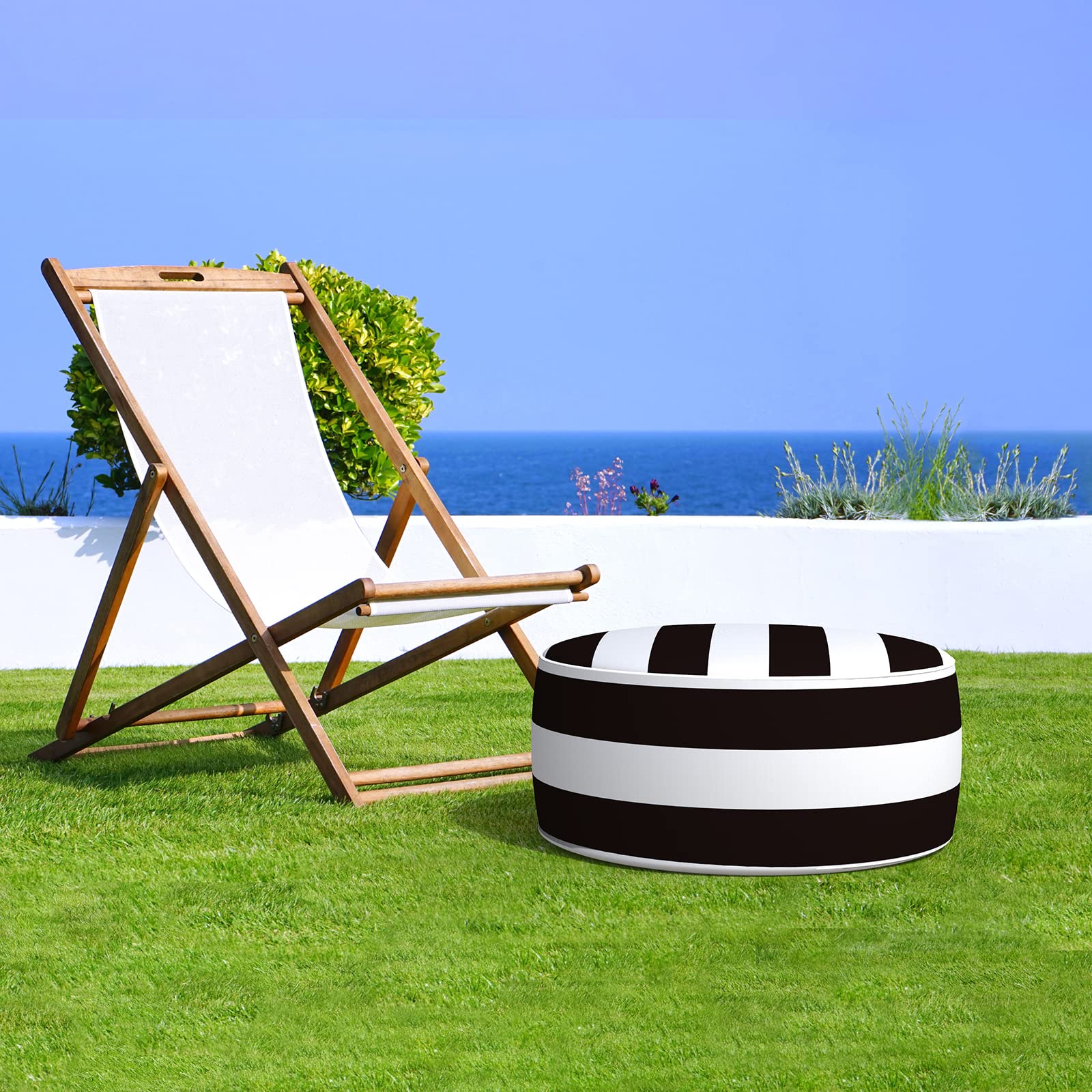 LVTXIII ottoman beside a chair showing 21 inch diameter scale and usability