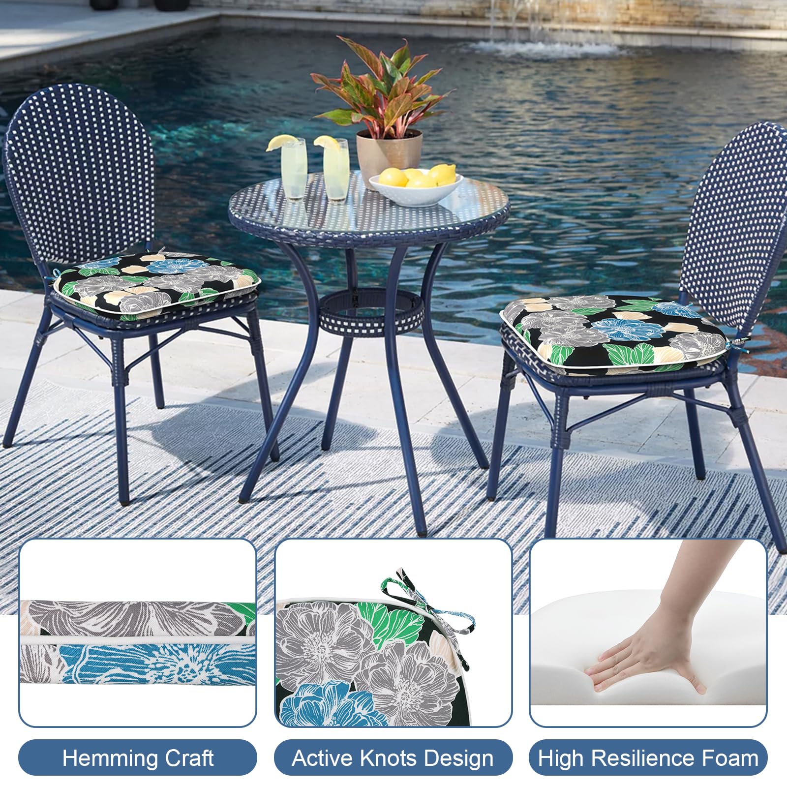 LVTXIII cushion secured on a metal patio chair demonstrating non-slip stability while dining