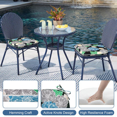LVTXIII cushion secured on a metal patio chair demonstrating non-slip stability while dining