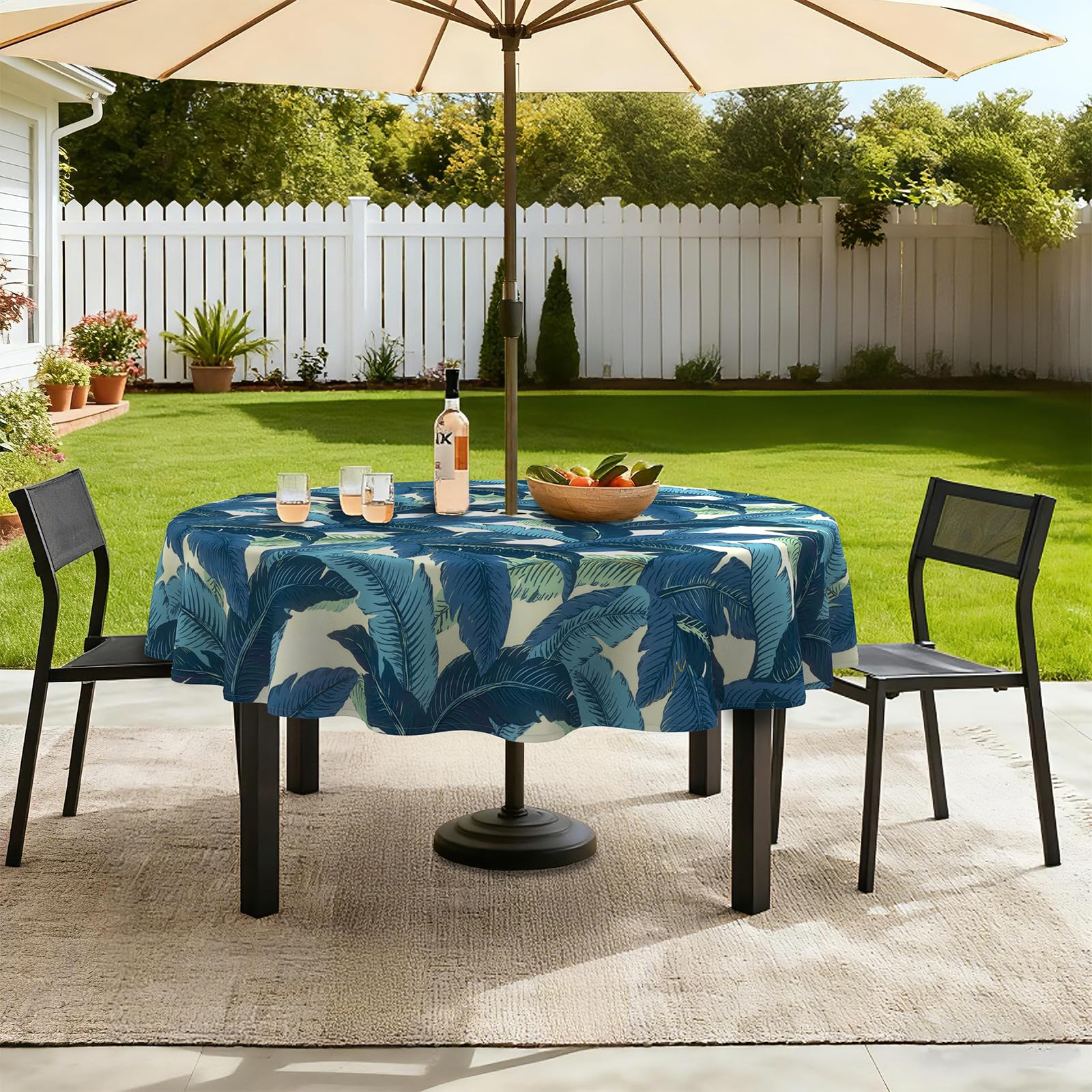 LVTXIII tablecloth with chairs to show 60-inch scale and proper fit benefit