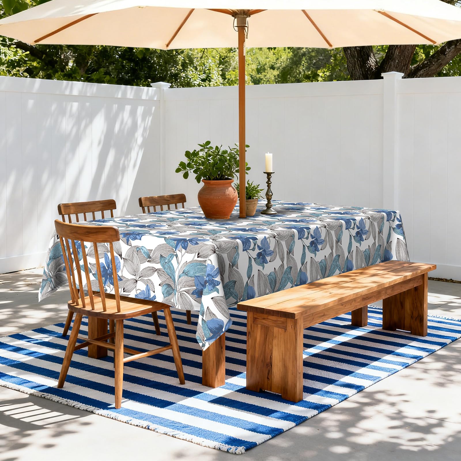 LVTXIII tablecloth size comparison with chairs showing fit on 6–8 person rectangular table for correct drape