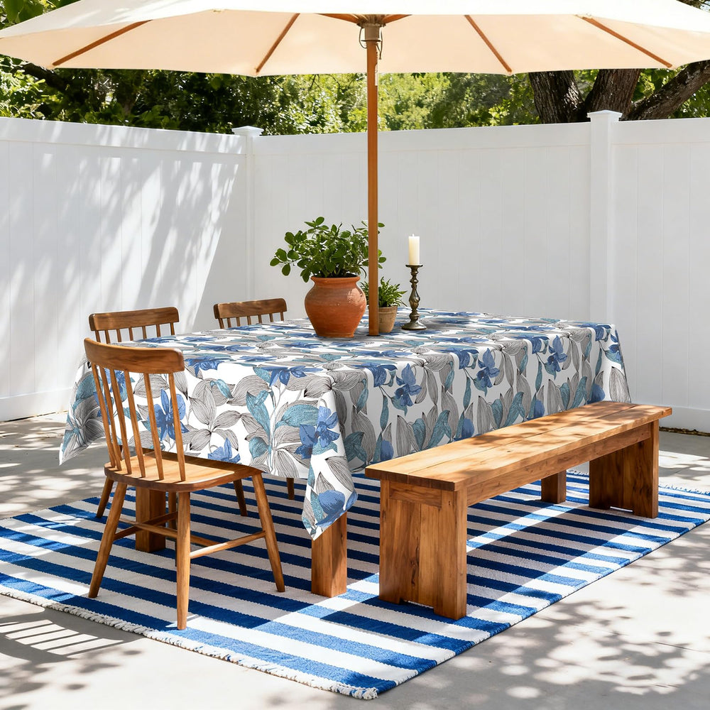 LVTXIII tablecloth size comparison with chairs showing fit on 6–8 person rectangular table for correct drape