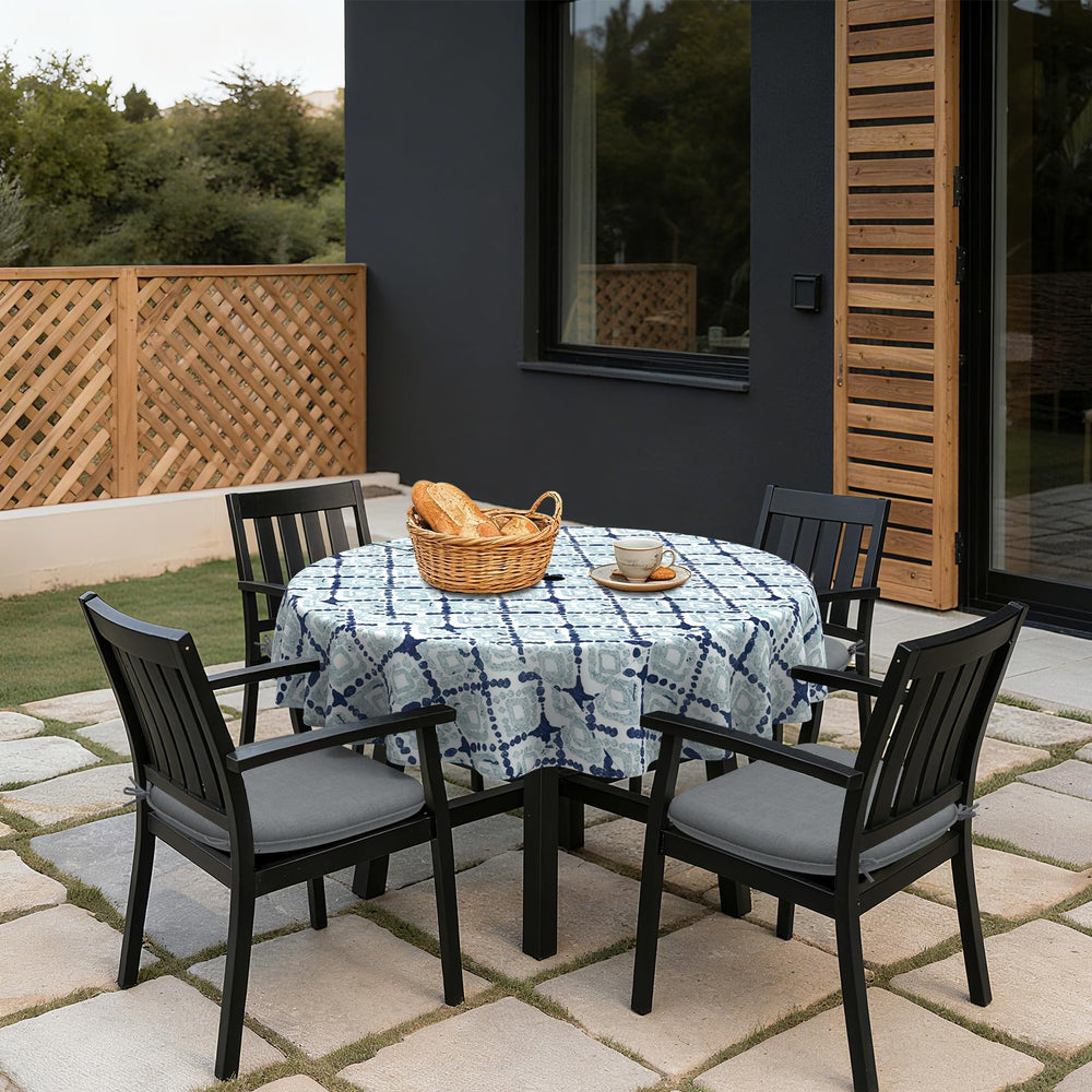 LVTXIII tablecloth in use on patio table showing stylish protection during outdoor dining