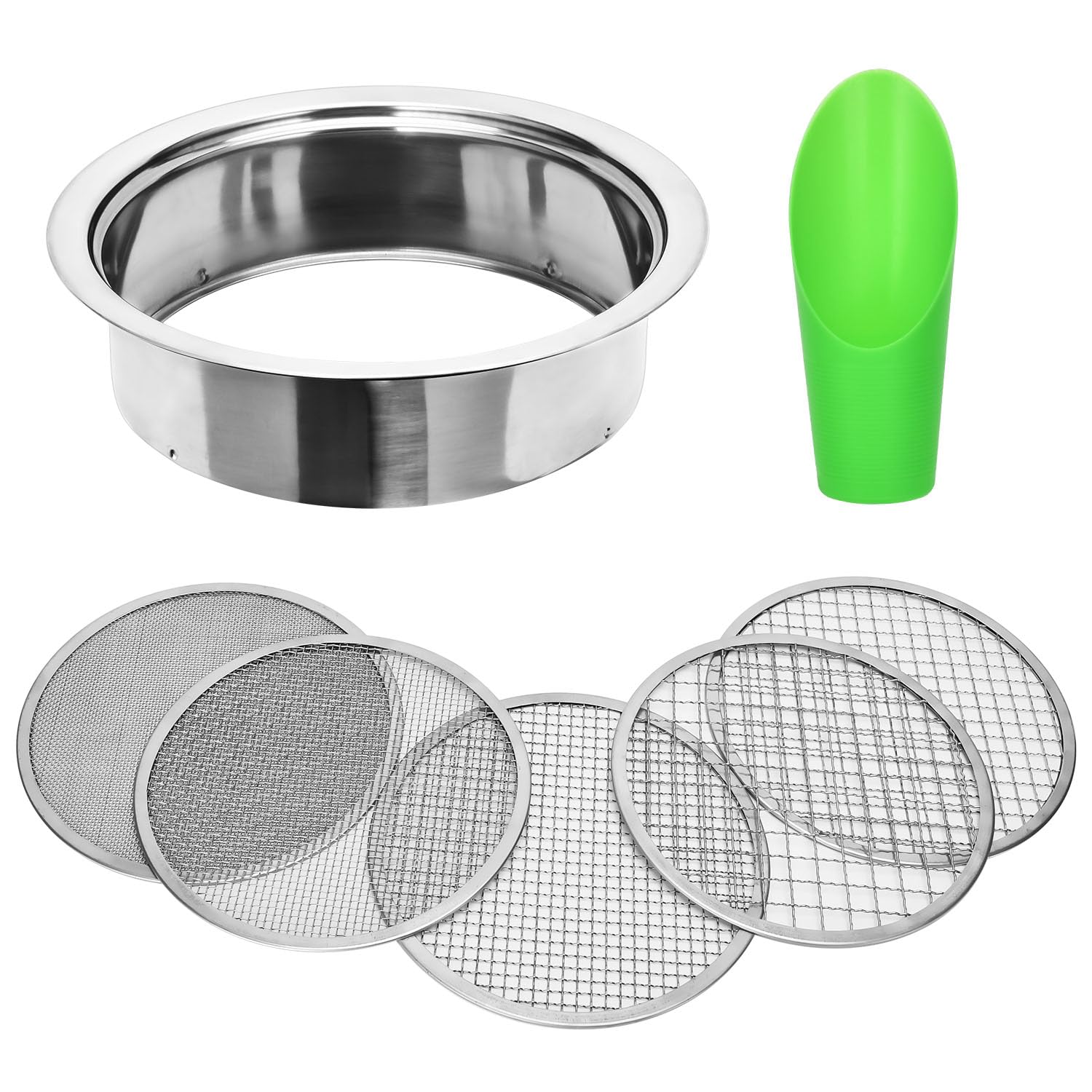 LWADALN front view of stainless soil sieve set showing components and durability