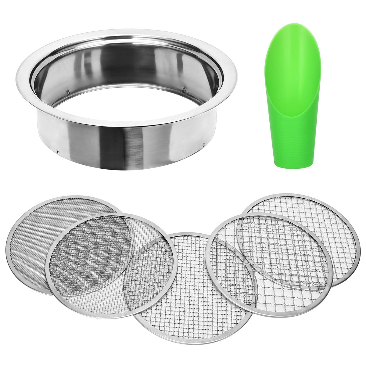 LWADALN front view of stainless soil sieve set showing components and durability