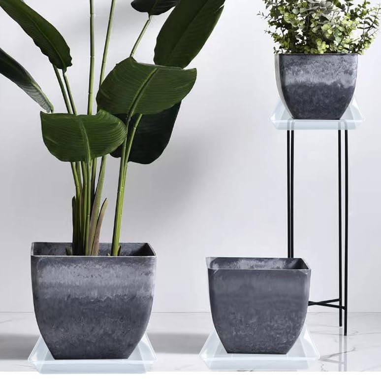 LWALRS saucers on patio under plants showing outdoor surface protection benefit
