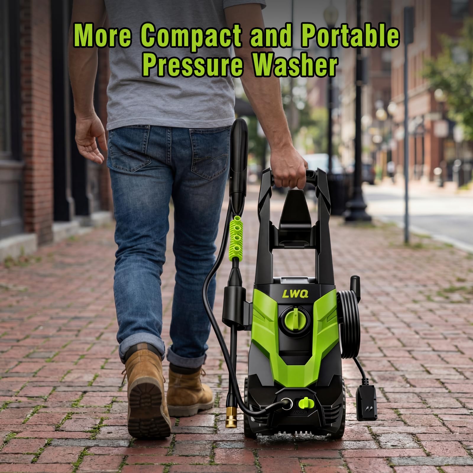 LWQ pressure washer cleaning car demonstrating powerful grime removal benefit