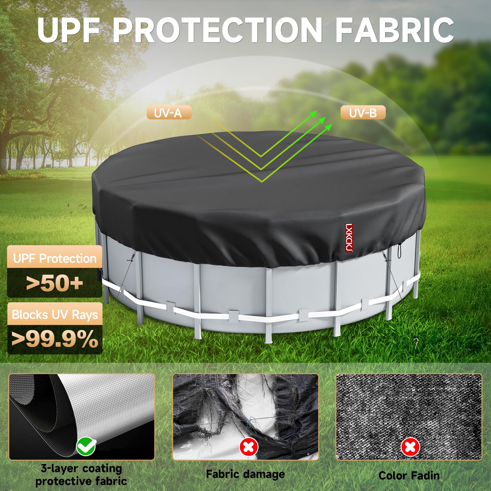 LXKCKJ pool cover in use on 16 ft above-ground pool reducing debris