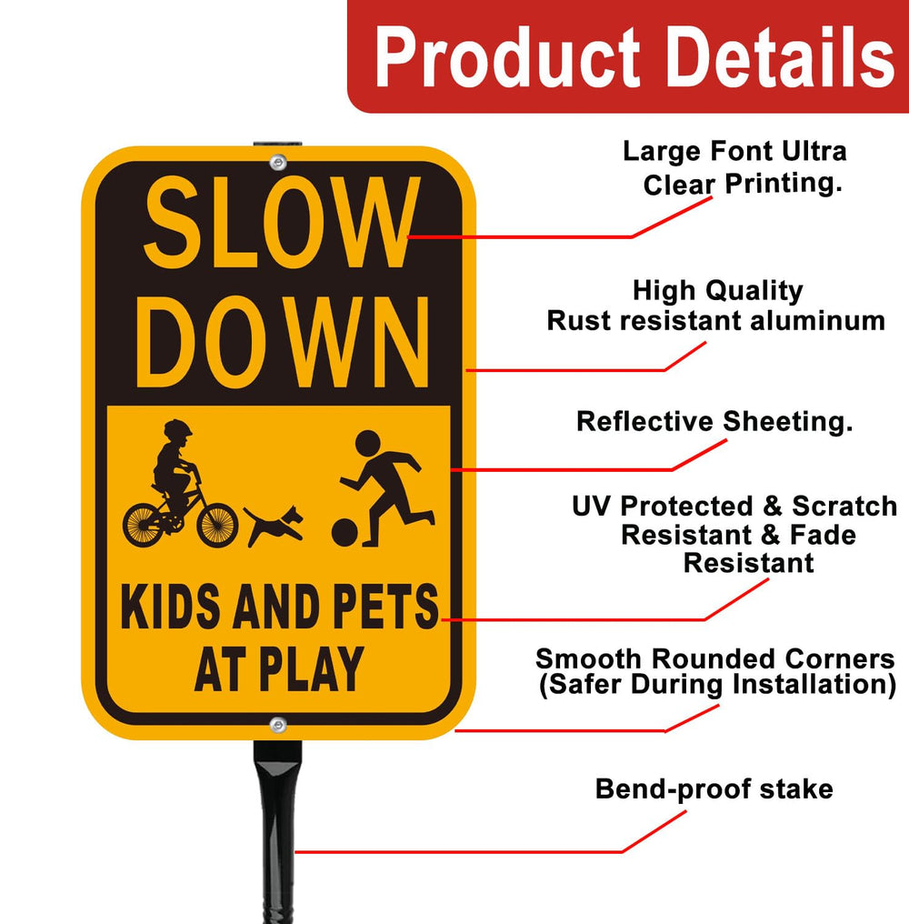 Lxysign mounted on 36-inch stake in yard promoting slower driving near homes