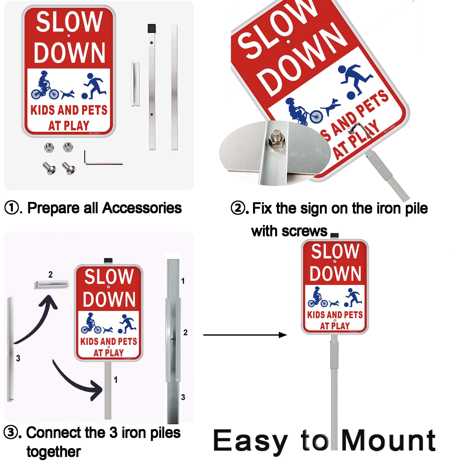 Lxysign retail packaging layout showing two signs and two aluminum stakes
