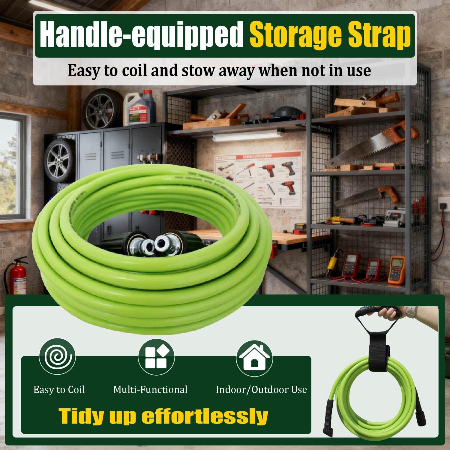LycorTrade coiled 100ft hose next to tape measure showing full-length scale
