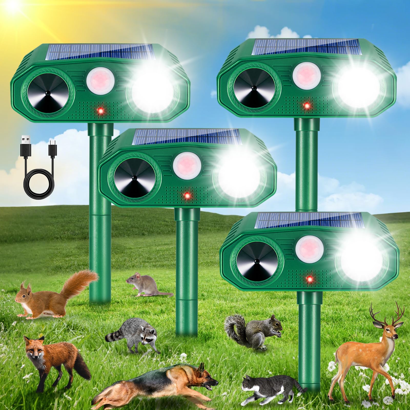 Lycxbfjia front view showing motion sensor and speaker, deters animals effectively