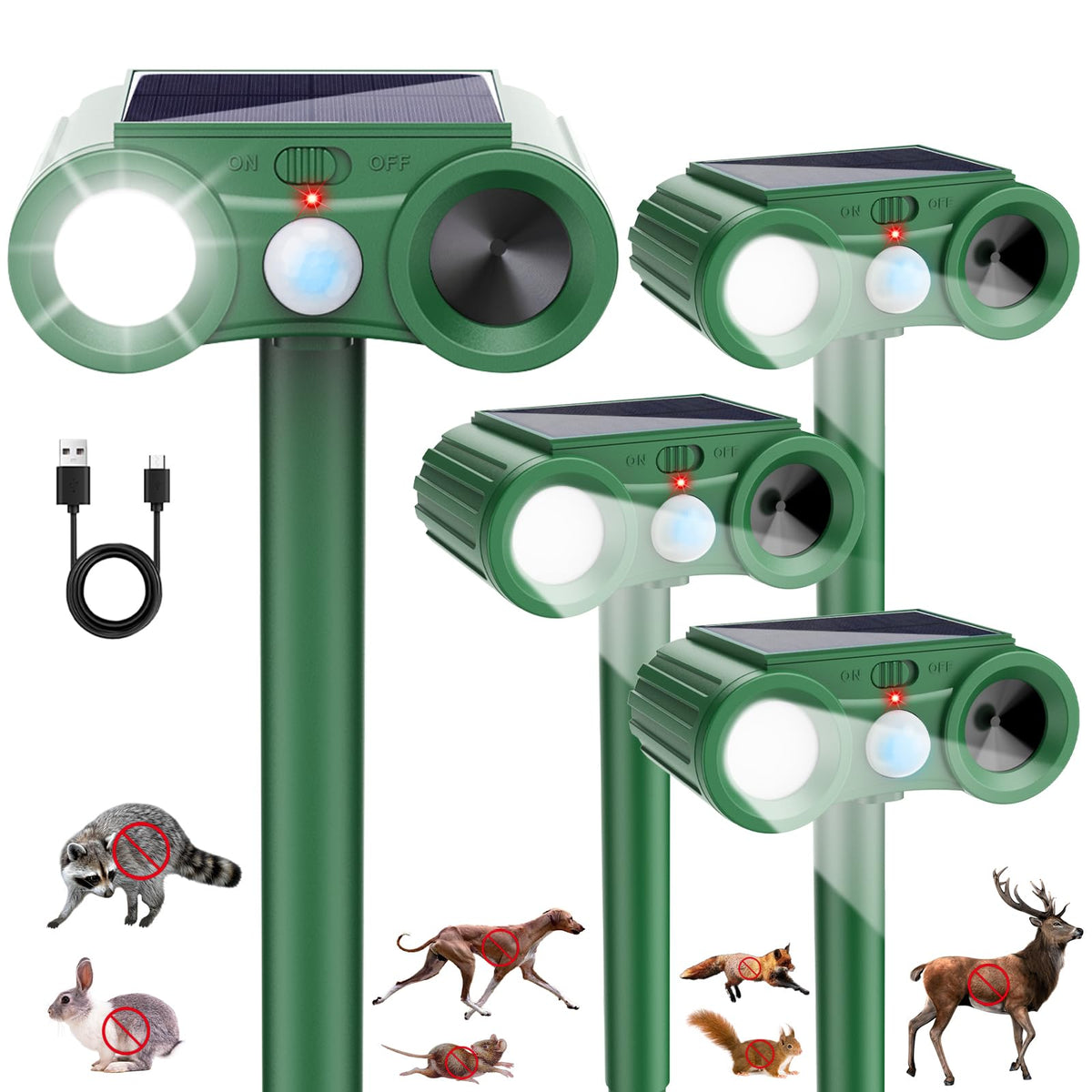 Lycxbfjia front view of four-pack ultrasonic repellents protecting garden