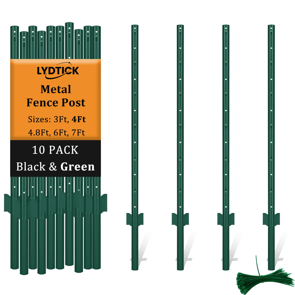 LYDTICK 4ft T-post front view showing green powder-coated finish and straight profile, durable support