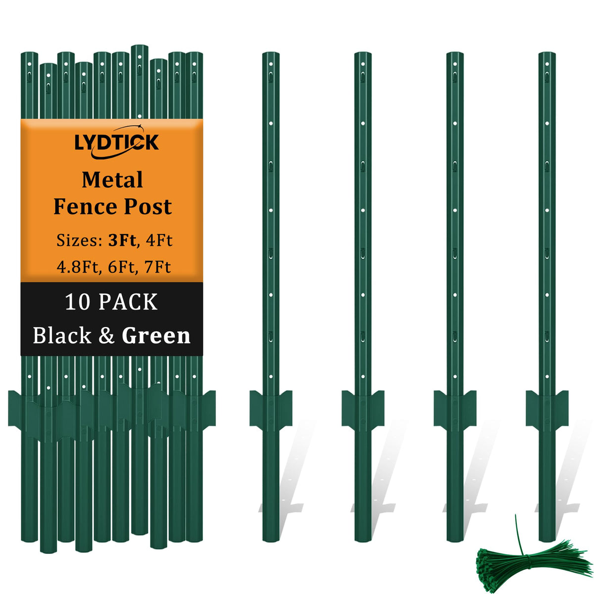 LYDTICK front view of 10-pack green T-posts showing packaging and quantity benefit