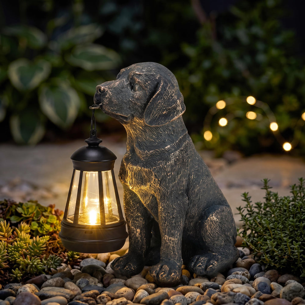 Lyeasw dog statue front view showing friendly puppy face and solar lantern benefit