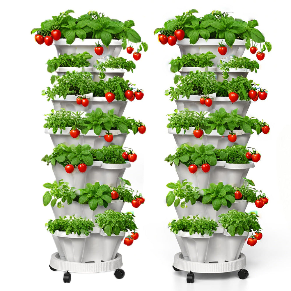 Lykvrii front view of two stacked planter towers showing compact footprint and capacity