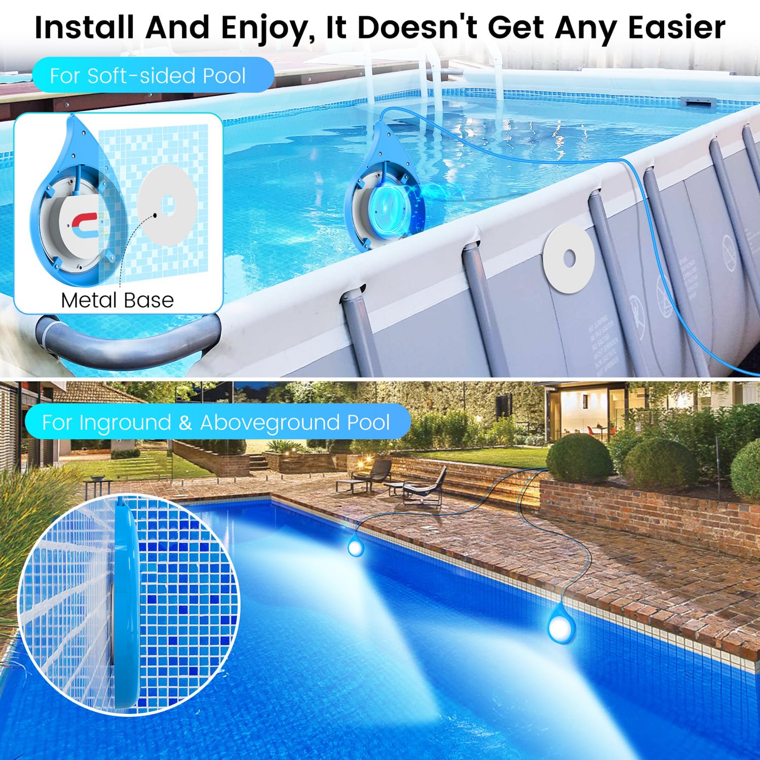 LyLmLe mounted on pool wall demonstrating safe low-voltage underwater placement