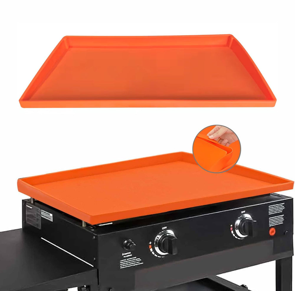 Lyonbi front view of orange silicone griddle mat shows full coverage and fit benefit