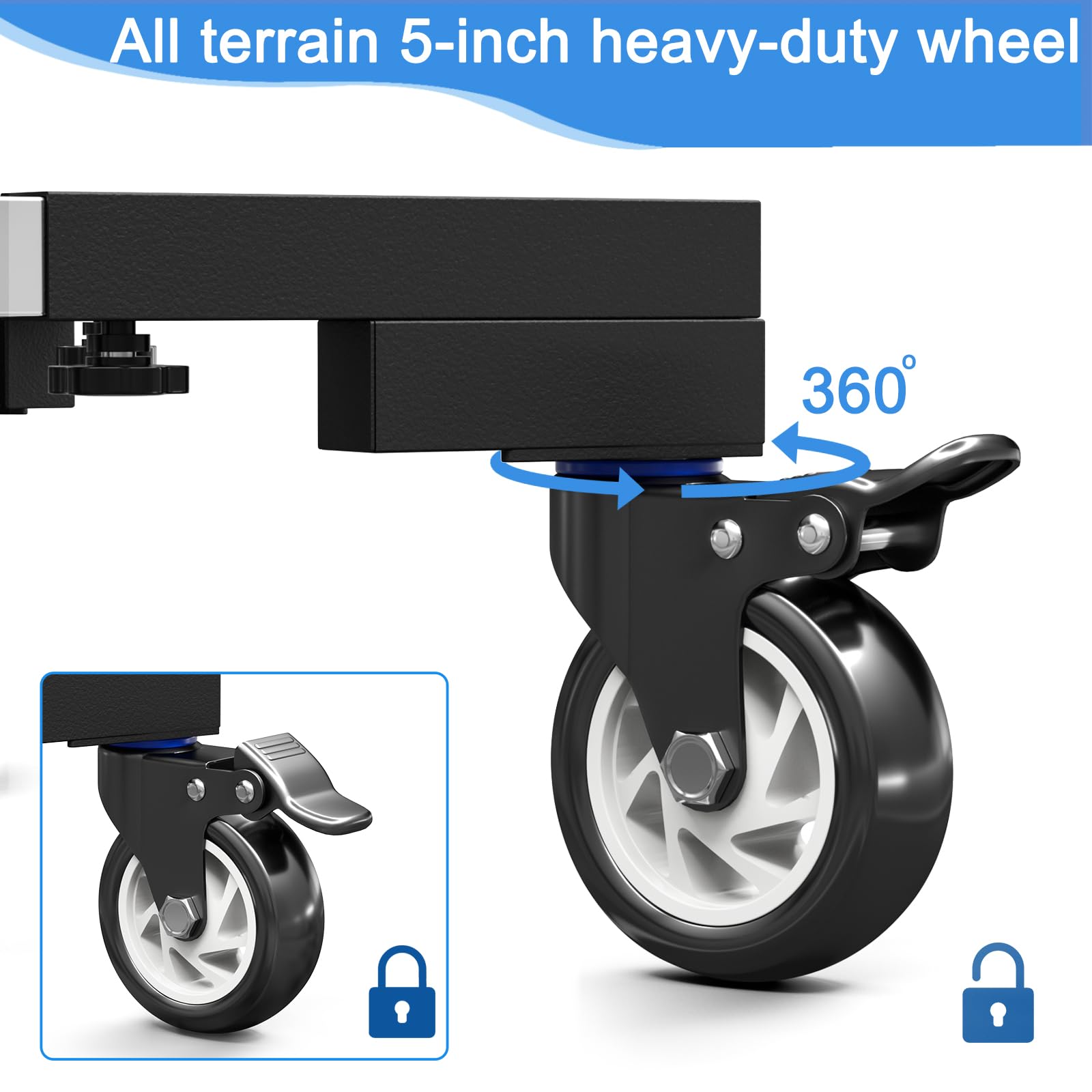 LYUND caster detail showing 5-inch swivel wheel with lock for smooth movement and secure positioning
