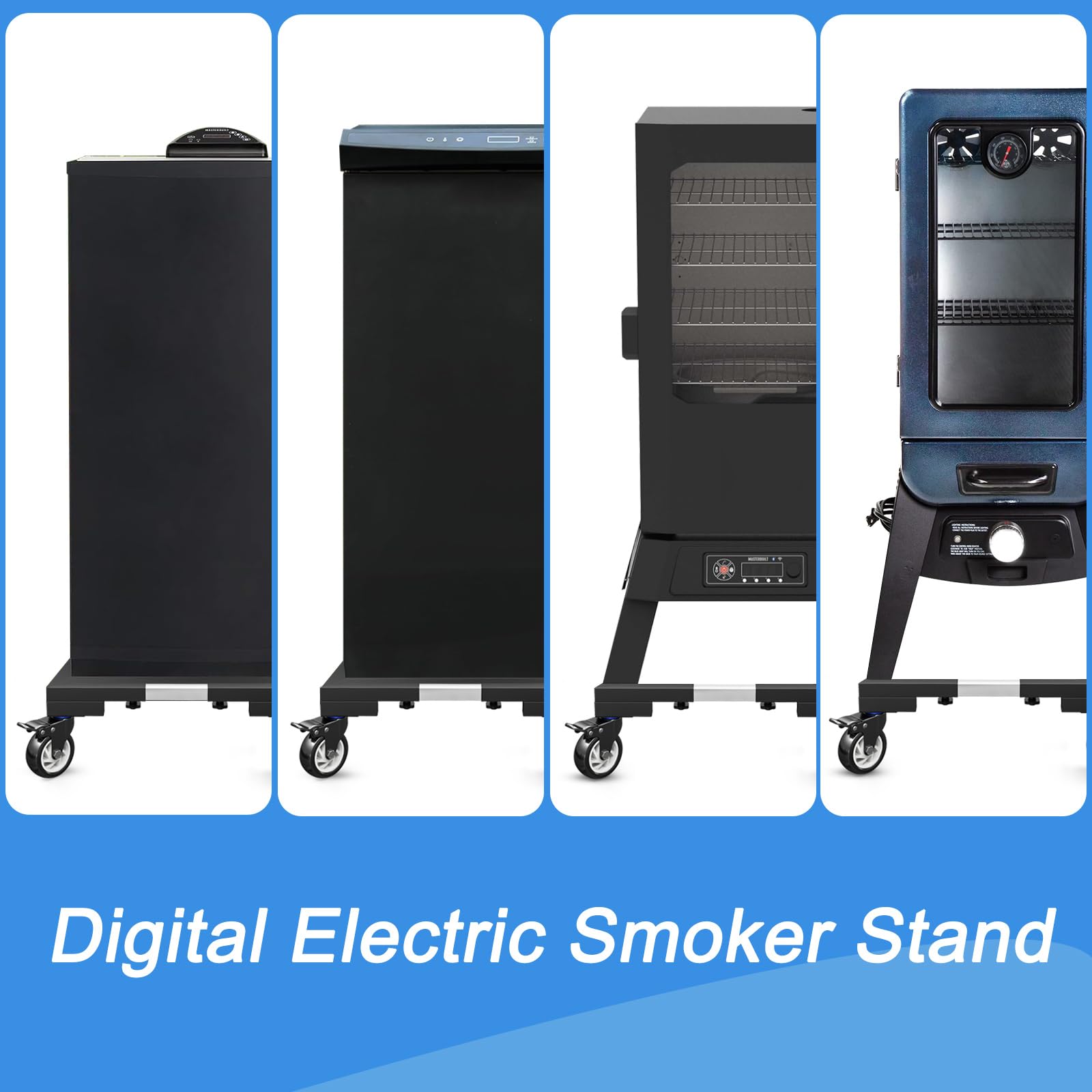 LYUND smoker stand supporting a vertical electric smoker, improving access and ergonomics