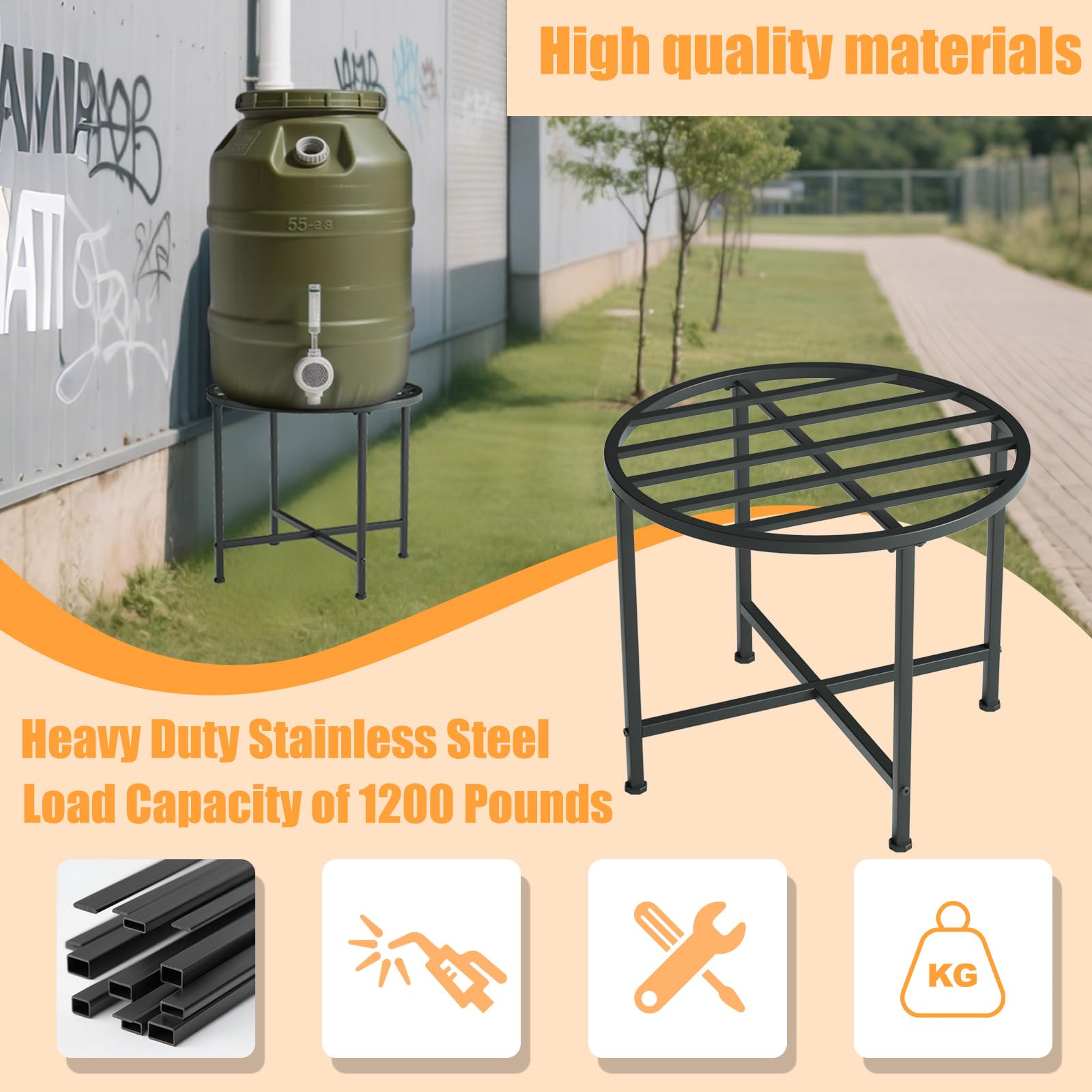 LYUND stand holding a full 55-gallon barrel demonstrating safe elevated water access