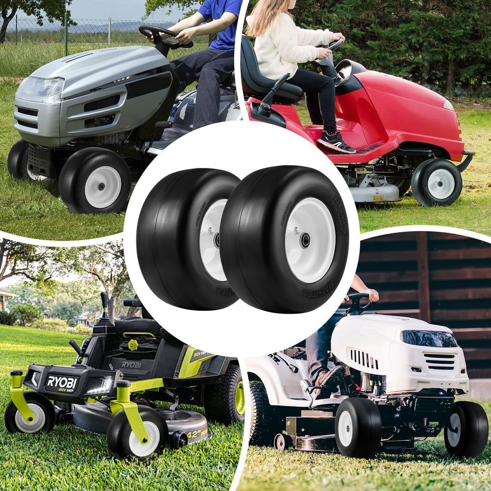 LZONEY wheel mounted on a zero-turn mower demonstrating no-flat convenience