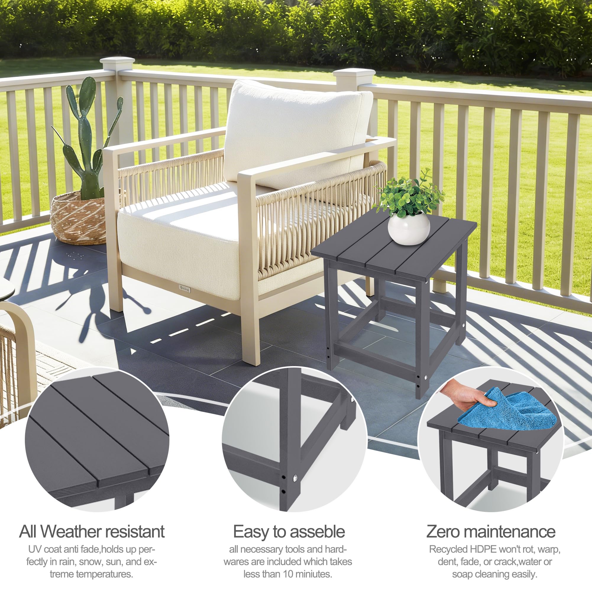 LZRS mesa colocada junto a silla Adirondack, comodidad práctica