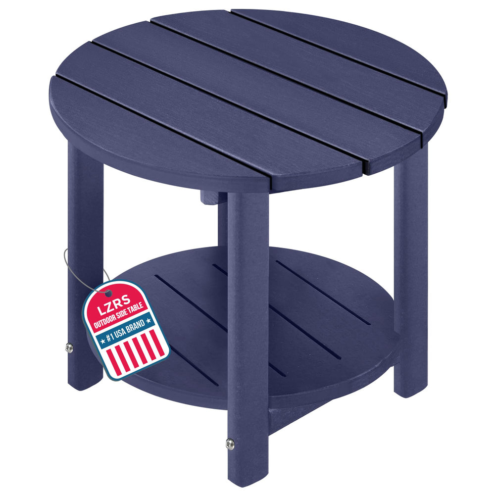 LZRS front view of navy round side table showing sturdy shape and weather resistance